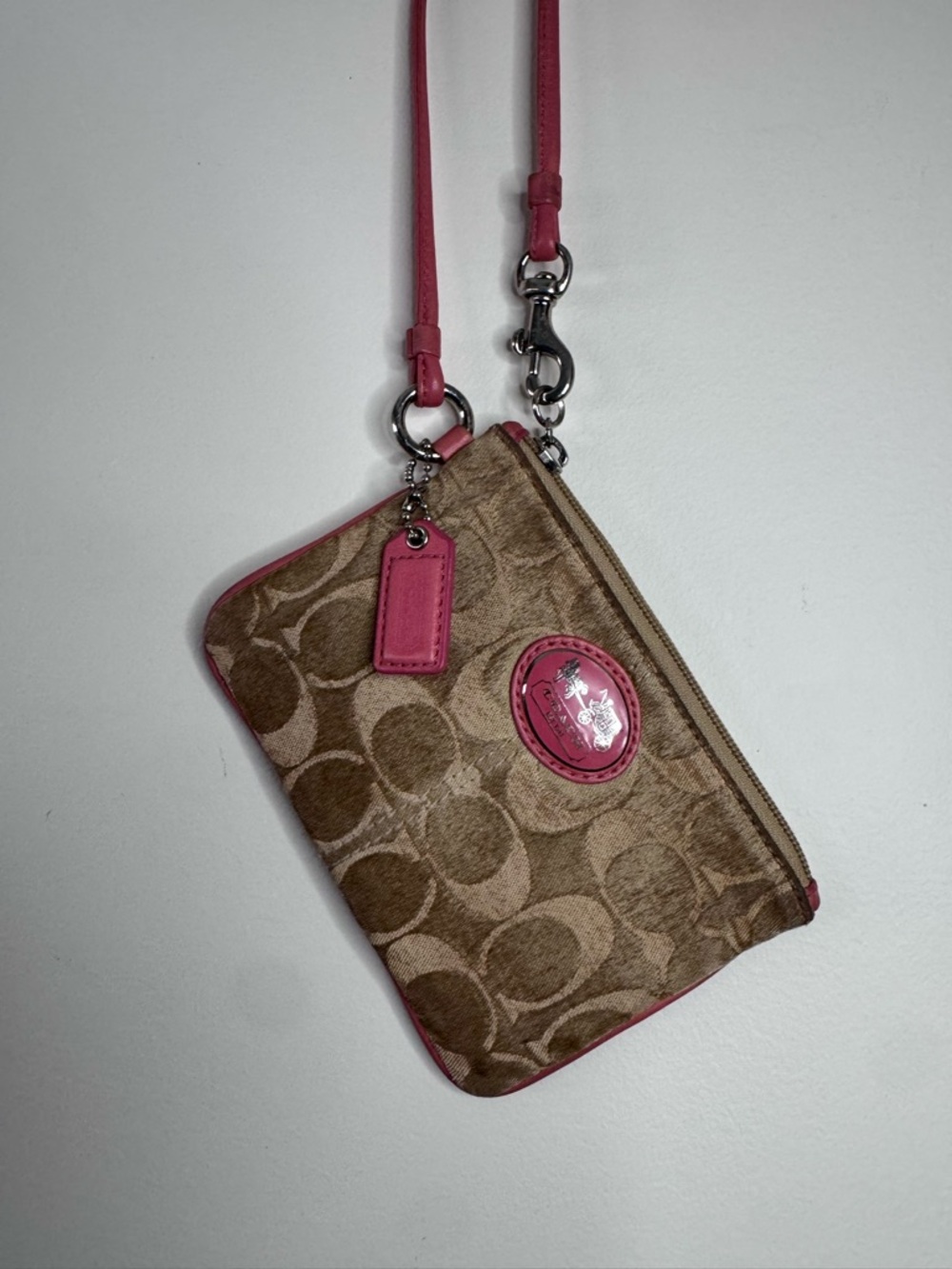 Coach Tan Signature Canvas Wristlet with Pink Trim
